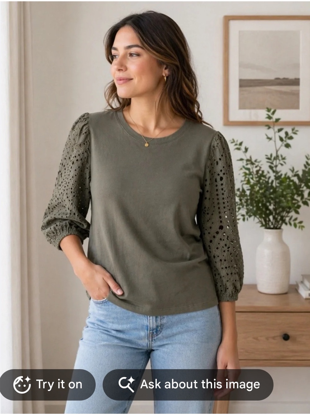 Chico's Olive Green Eyelet Puff Sleeve Knit Top Blouse Size L
